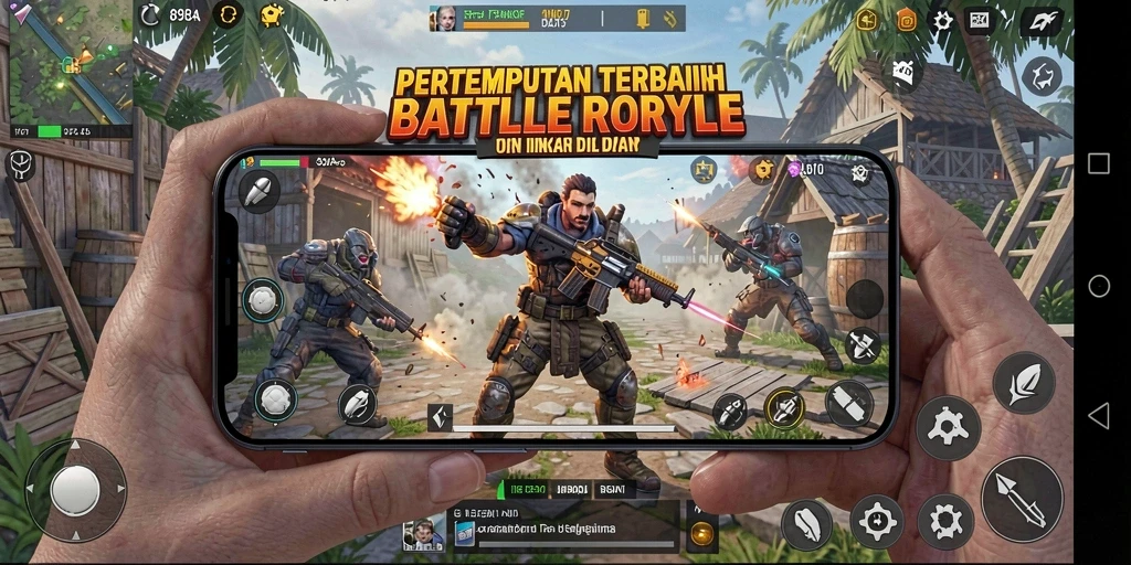 Screenshot utama menunjukkan aksi intens dalam pertempuran Battle Royale.