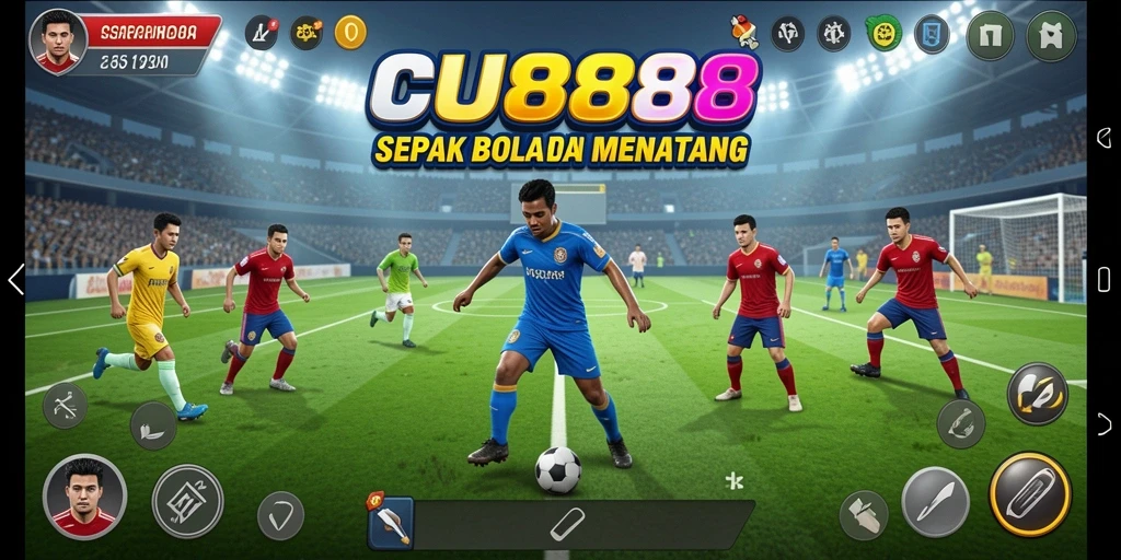 Screenshot gameplay CU888 dengan aksi sepak bola yang intens.