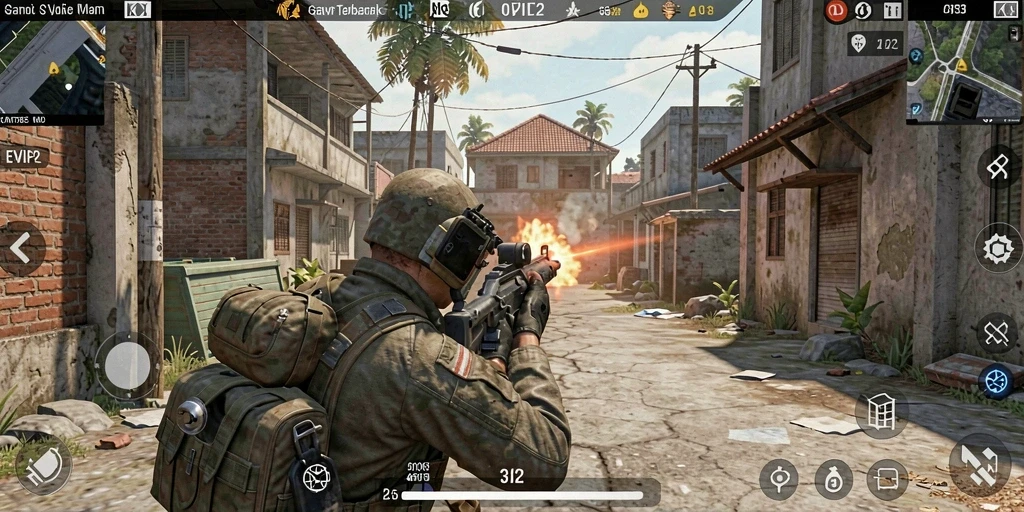 Screenshot utama EVIP2 menunjukkan aksi intens dalam gameplay FPS.
